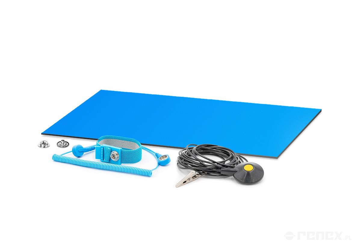 Juego de esterilla antiestática azul 120×100 cm, con muñequera y cable, foto del fabricante (RENEX/REECO)