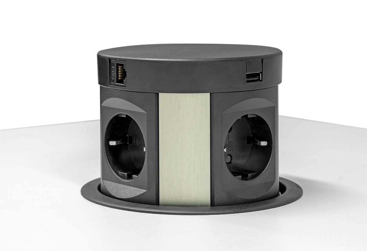 Regleta MULTI BOX: 4 tomas, USB-A, USB-C, 2xRJ45, foto del fabricante (RENEX/REECO)